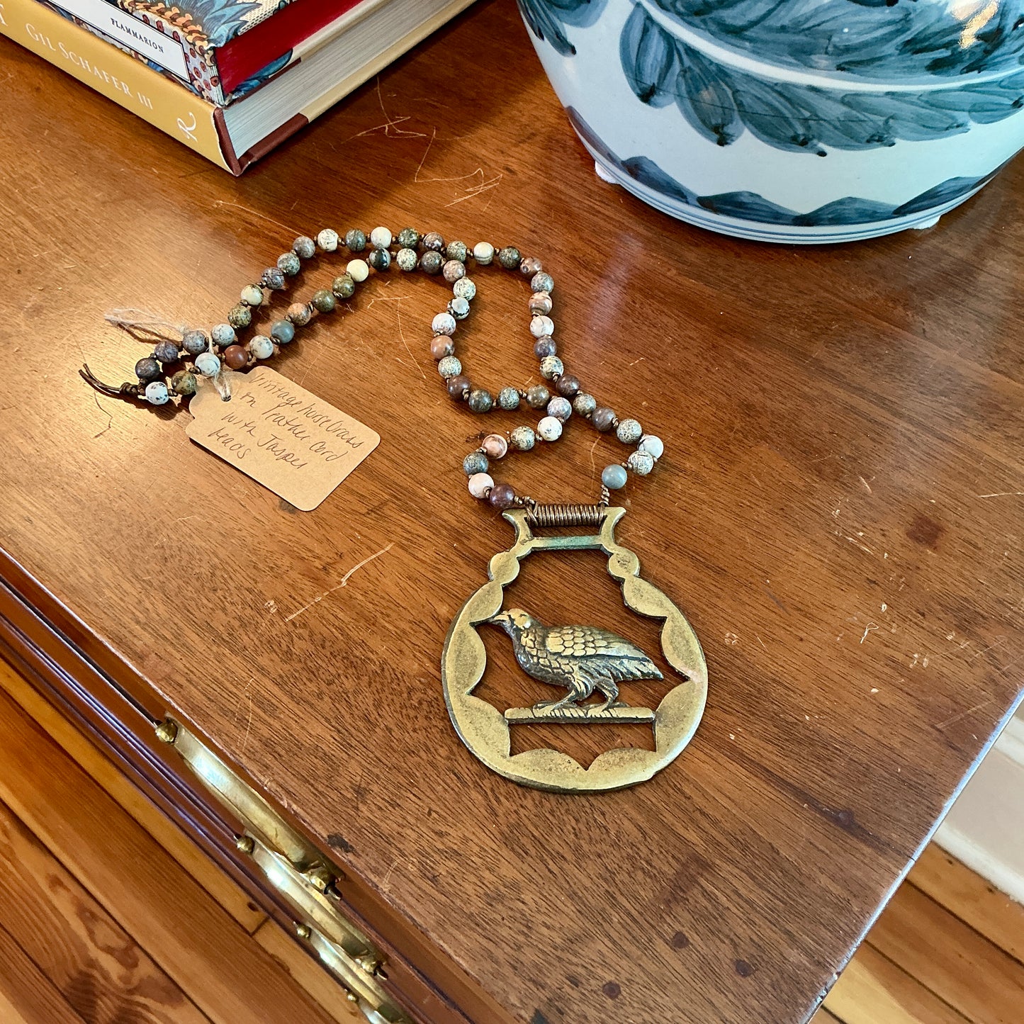 Antique English Horse Brass Grouse Bird Medallion Jasper Beaded Hand Knotted Necklace
