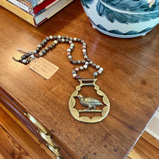 Antique English Horse Brass Grouse Bird Medallion Jasper Beaded Hand Knotted Necklace