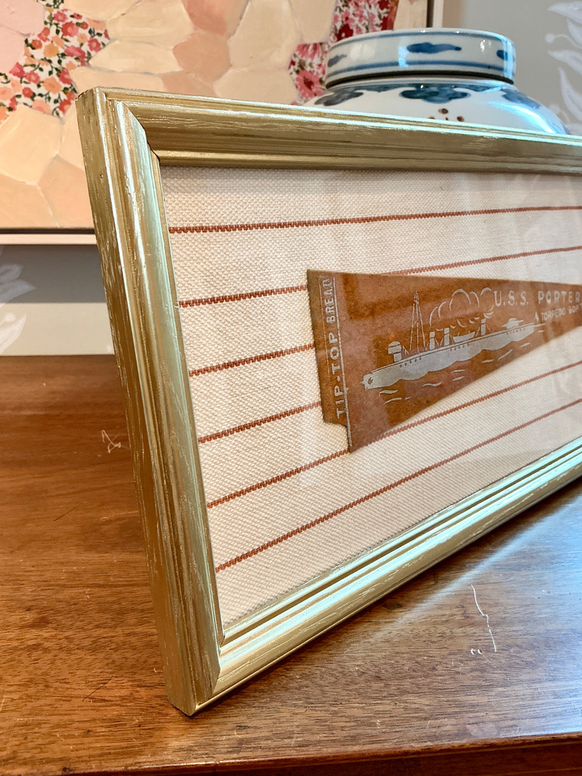 Vintage U.S.S. Porter Naval Ship Wool Pennant on Orange and White Stripes in Gold Frame