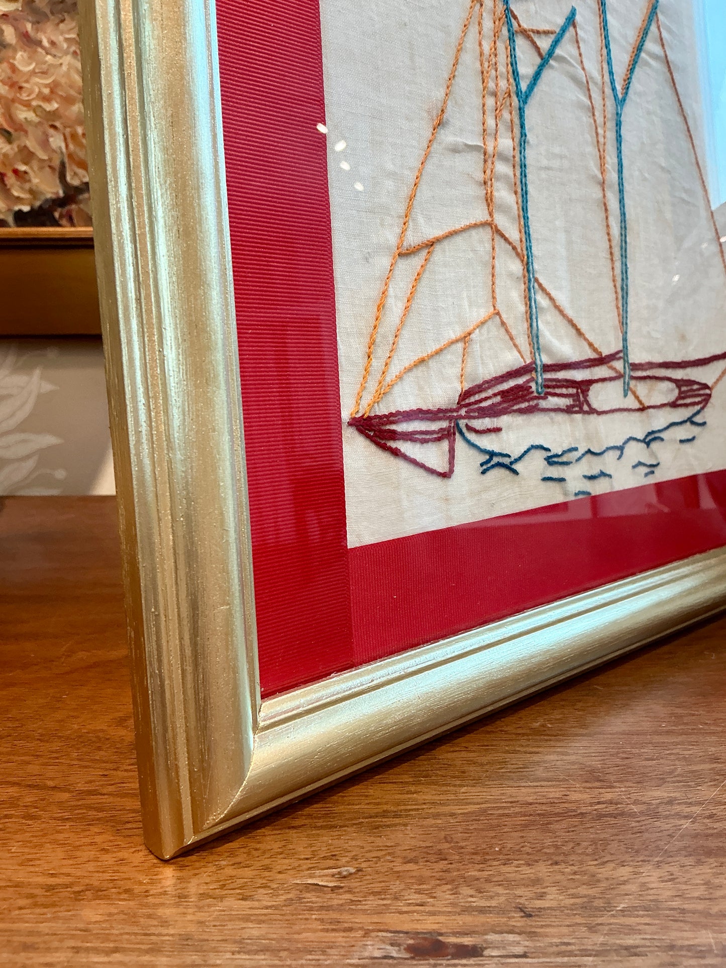 Early 20th Century Sailboat Redwork Embroidery with Red Ribbon in Gold Frame