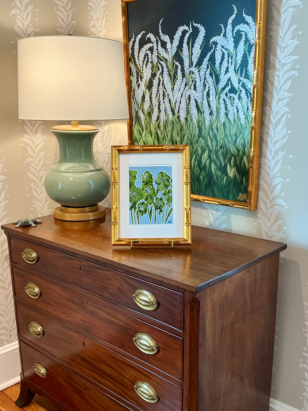 Alison Diamond McElroy Salt Meadow II Abstract Floral Painting in Gold Bamboo Frame