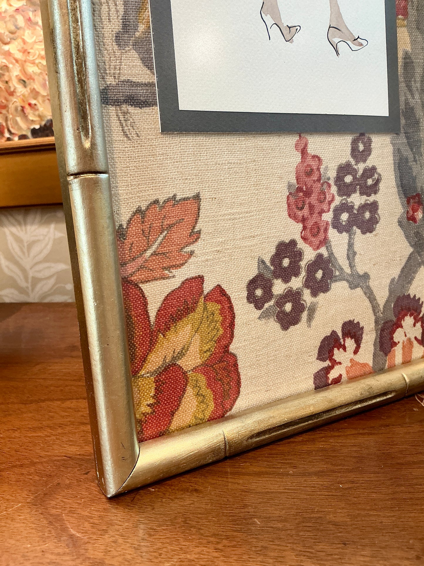Catherine Figart Vogue Watercolor Fashion Illustration on Schumacher Persian Lancer Linen in Gold Bamboo Frame