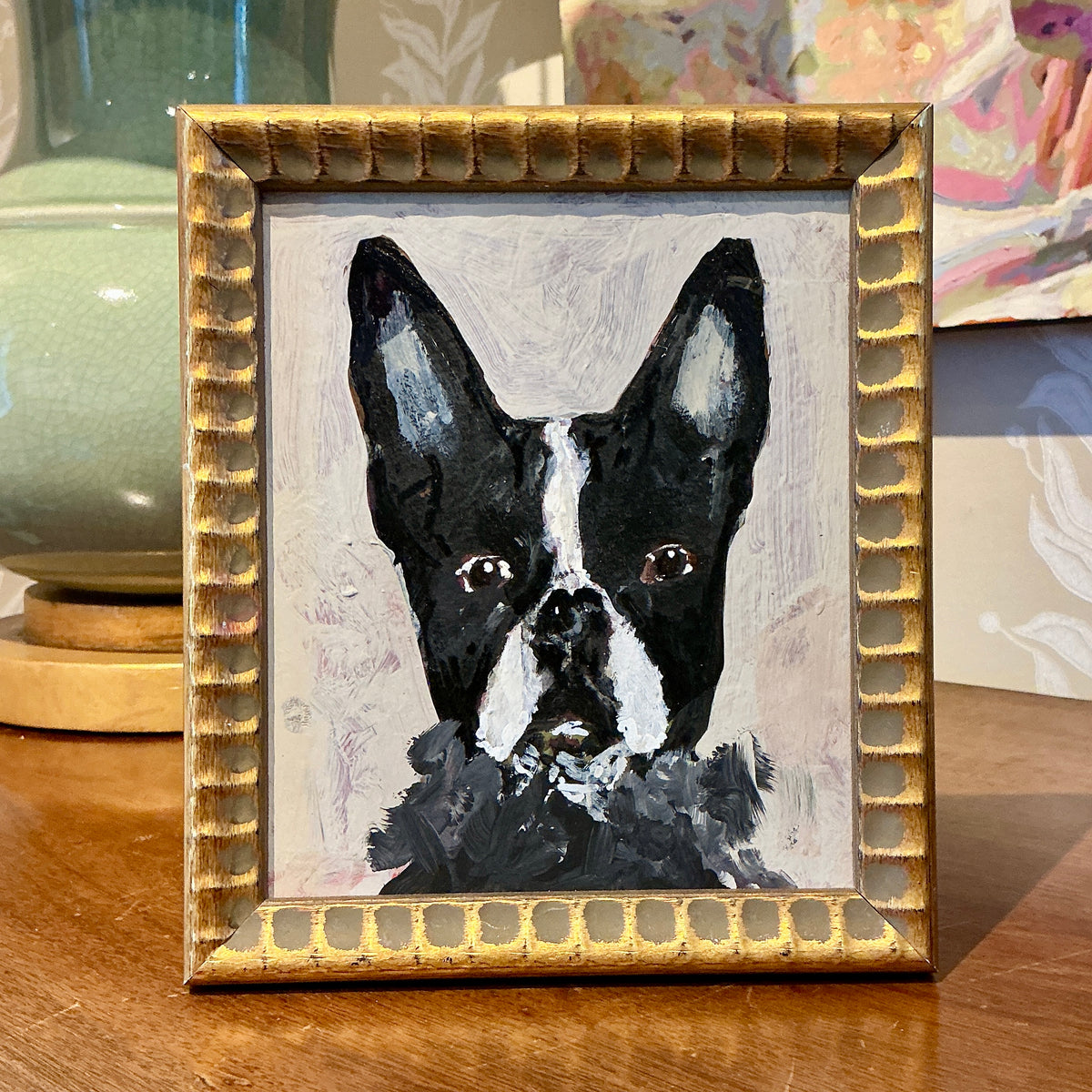 Boston Terrier Dog Portrait Oil Painting in Wavy Gold Frame