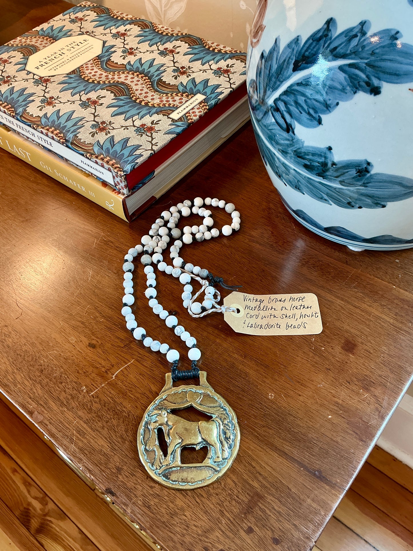 Antique English Horse Brass Cow Medallion Labradorite and Howlite Beaded Hand Knotted Necklace