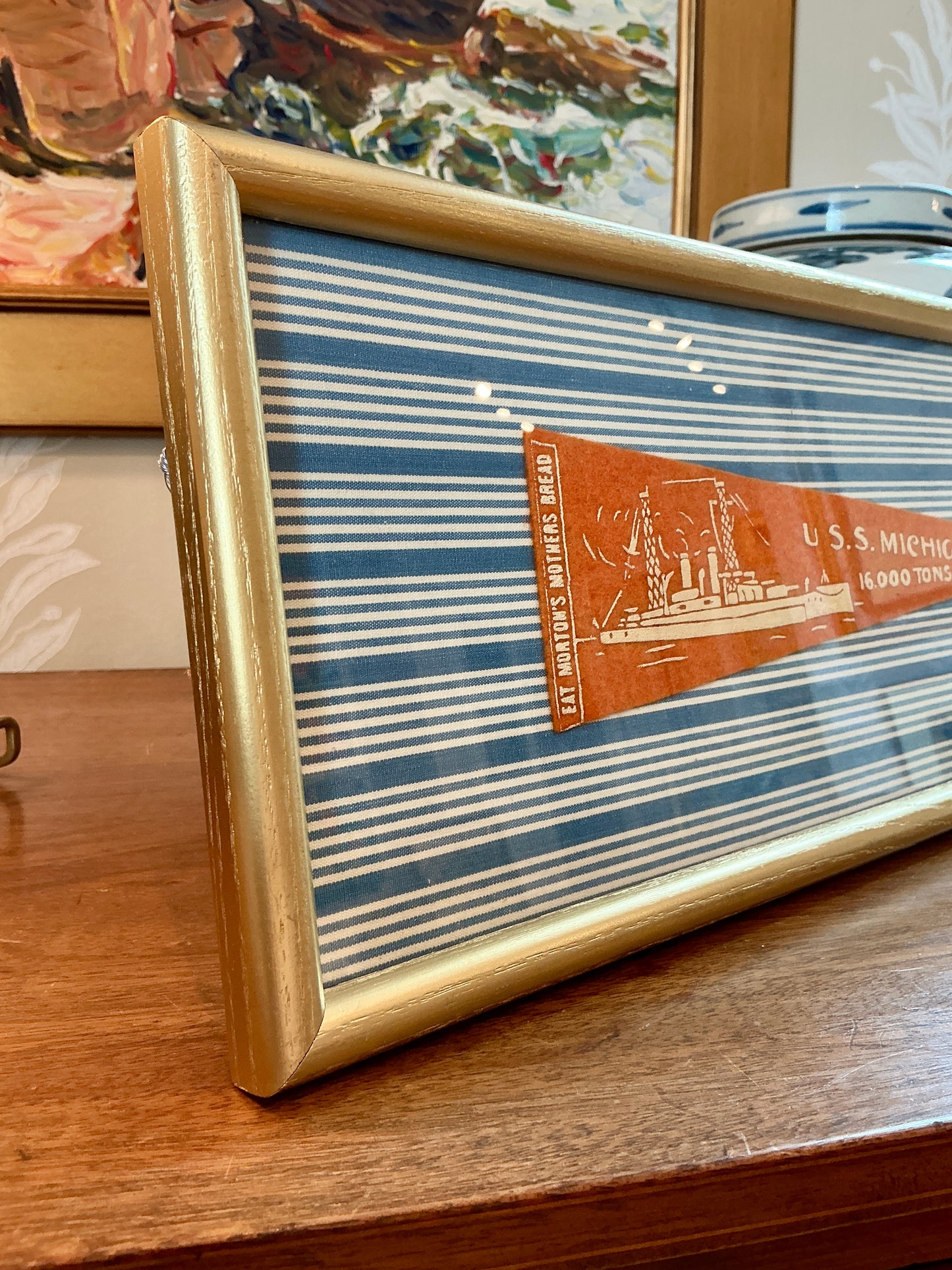 Vintage U.S.S. Michigan Naval Ship on Blue Stripes in Gold Frame
