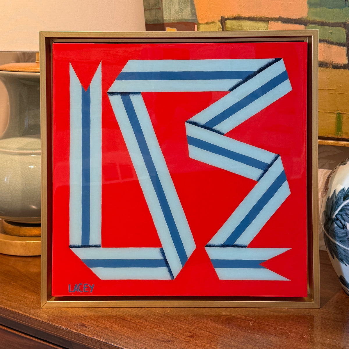 Lacey Craig Hooper Strawberry Ribbon Series Painting in Gold Floater Frame