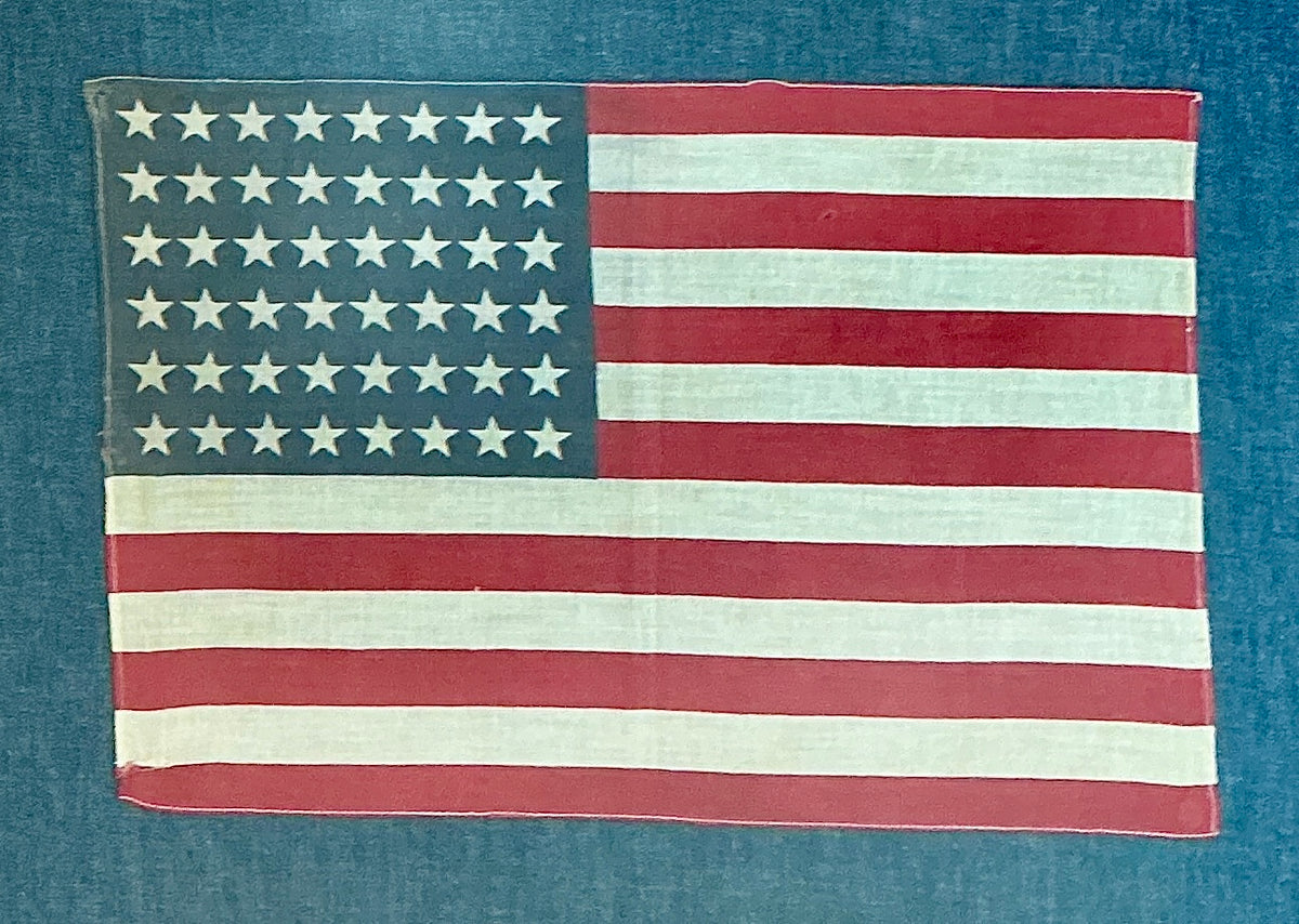 Vintage 48 Star American Flag on Dark Chambray in Wood Frame with Gilded Liner