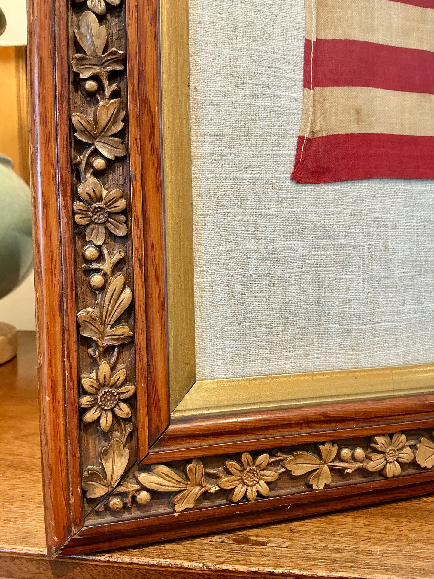 Vintage 48 Star American Flag on Grey Twill in Floral Design Wood Frame with Gilded Liner