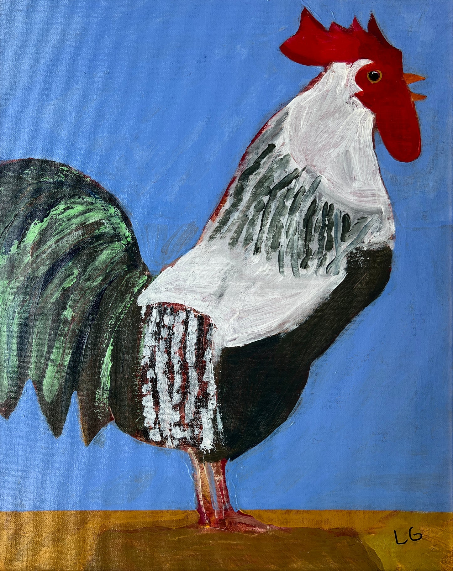 Contemporary Rooster Folk Art Portrait Painting in Carved Gold Frame