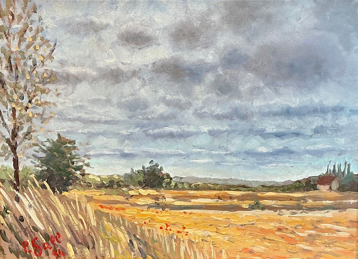 Vintage 1994 Blustery Country Landscape Painting in Gold Frame