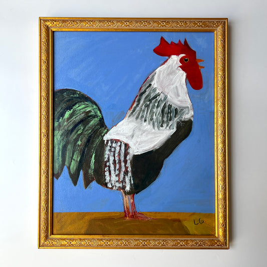 Contemporary Rooster Folk Art Portrait Painting in Carved Gold Frame