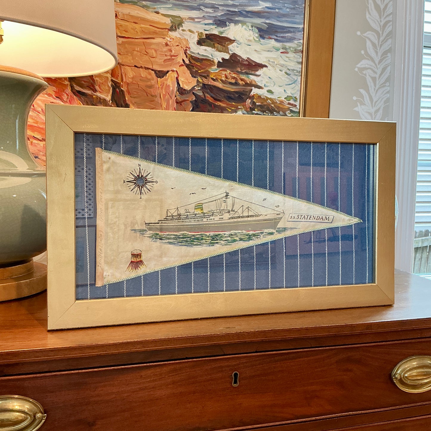 Vintage S.S. Statendam Satin Naval Ship Pennant on Serena and Lily Blue Stripe Pique in Gold Frame