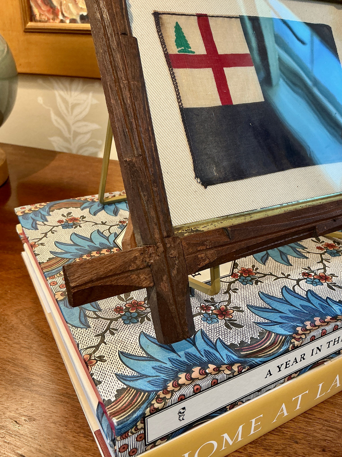 Vintage Bunker Hill Flag on Ivory Duck Cloth in Antique Hand Carved Wood Frame with Gilded Liner