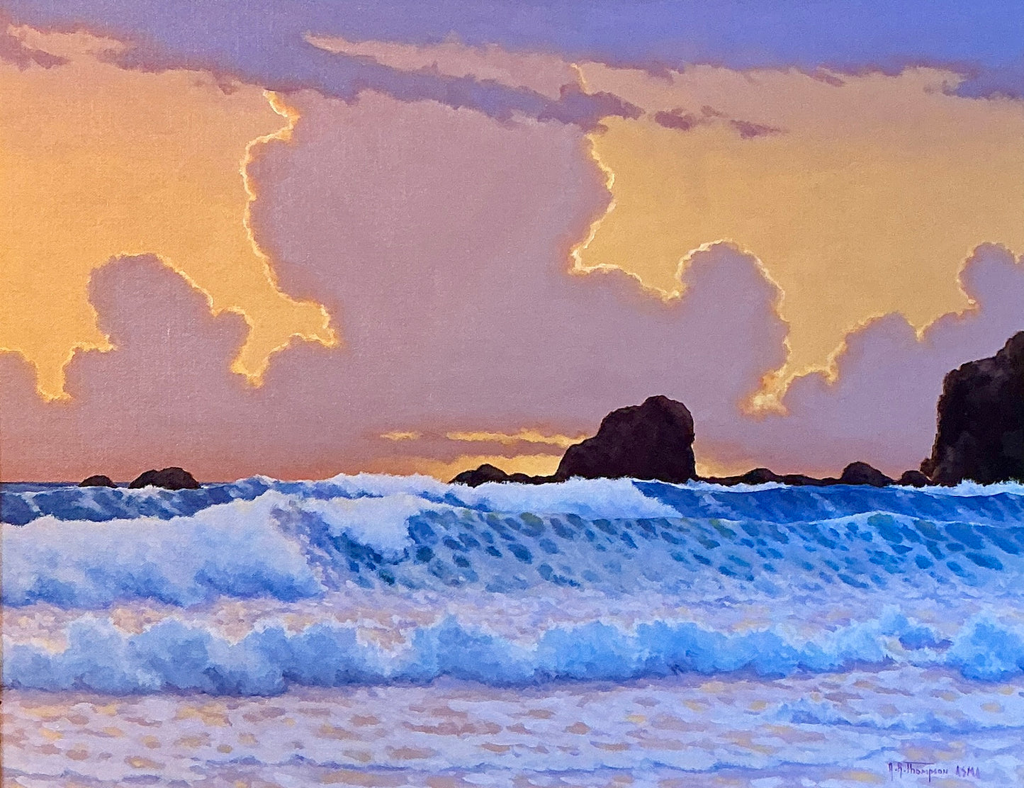 Anthony R. Thompson Sunset Quepos Seascape Oil Painting in Ornate Gold Frame
