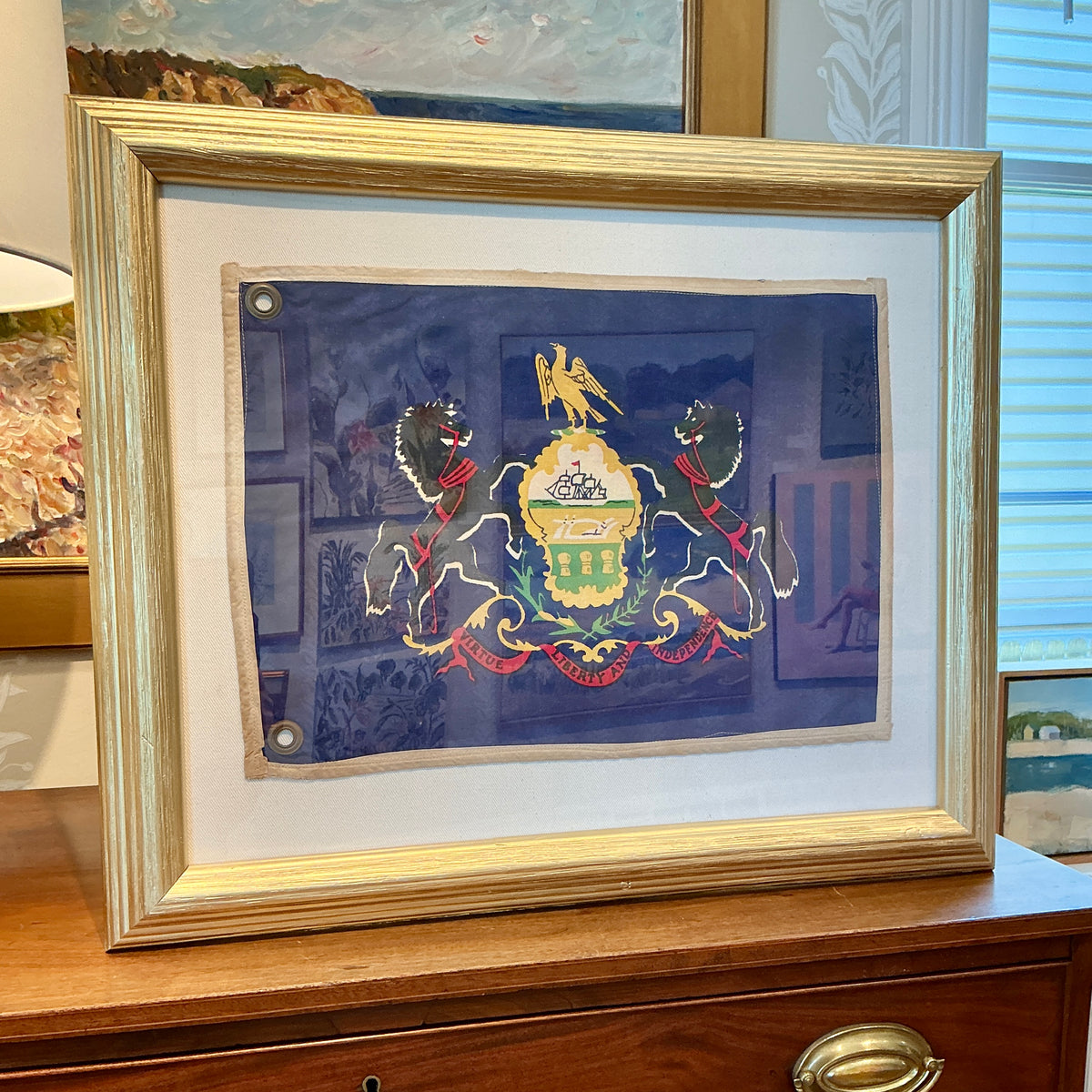 Vintage Pennsylvania State Flag on Ivory Duck Cloth in Gold Frame