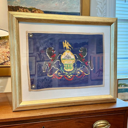 Vintage Pennsylvania State Flag on Ivory Duck Cloth in Gold Frame