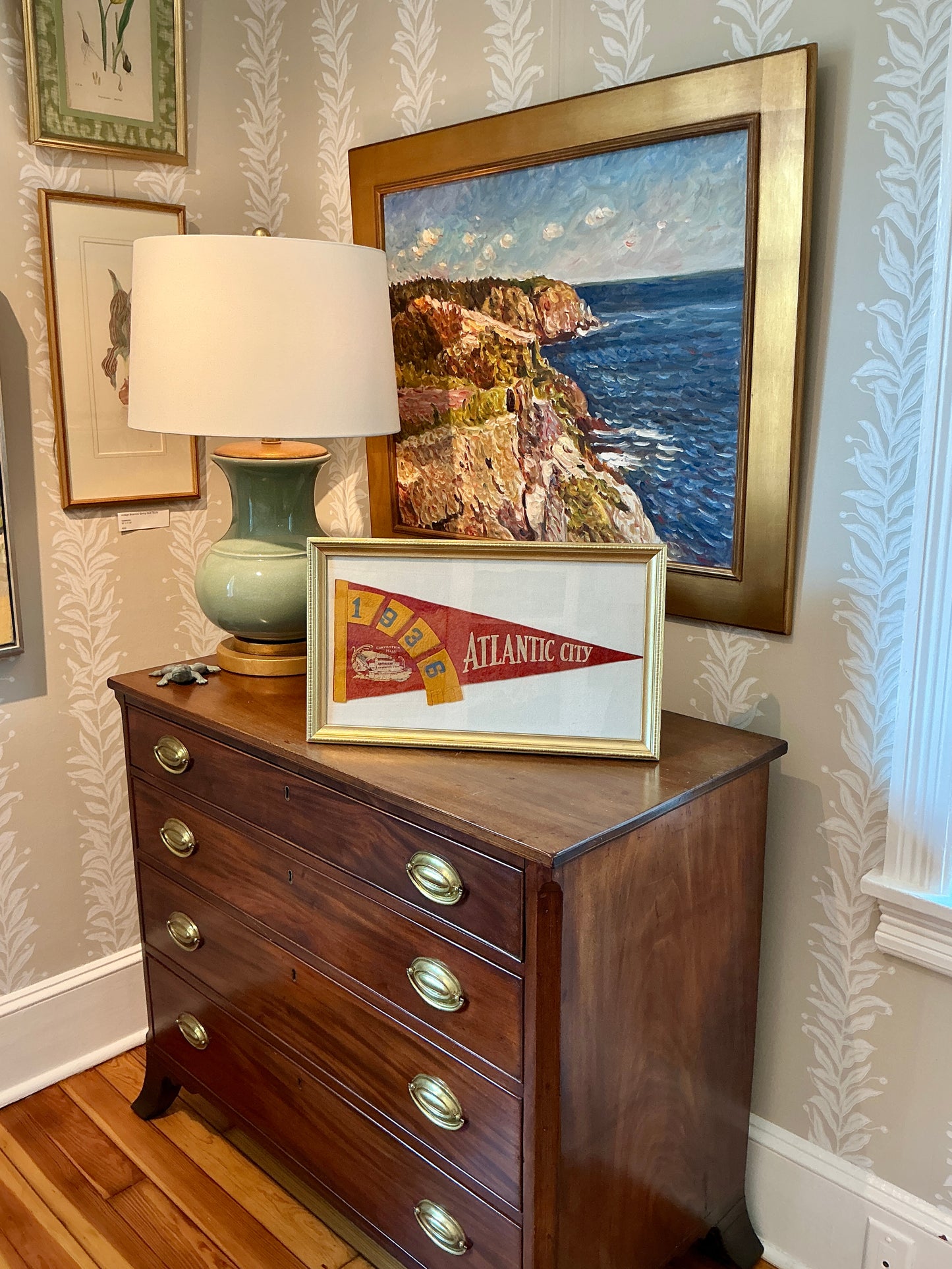 Vintage 1936 Atlantic City Felt Pennant on Ivory Duck Cloth in Gold Frame