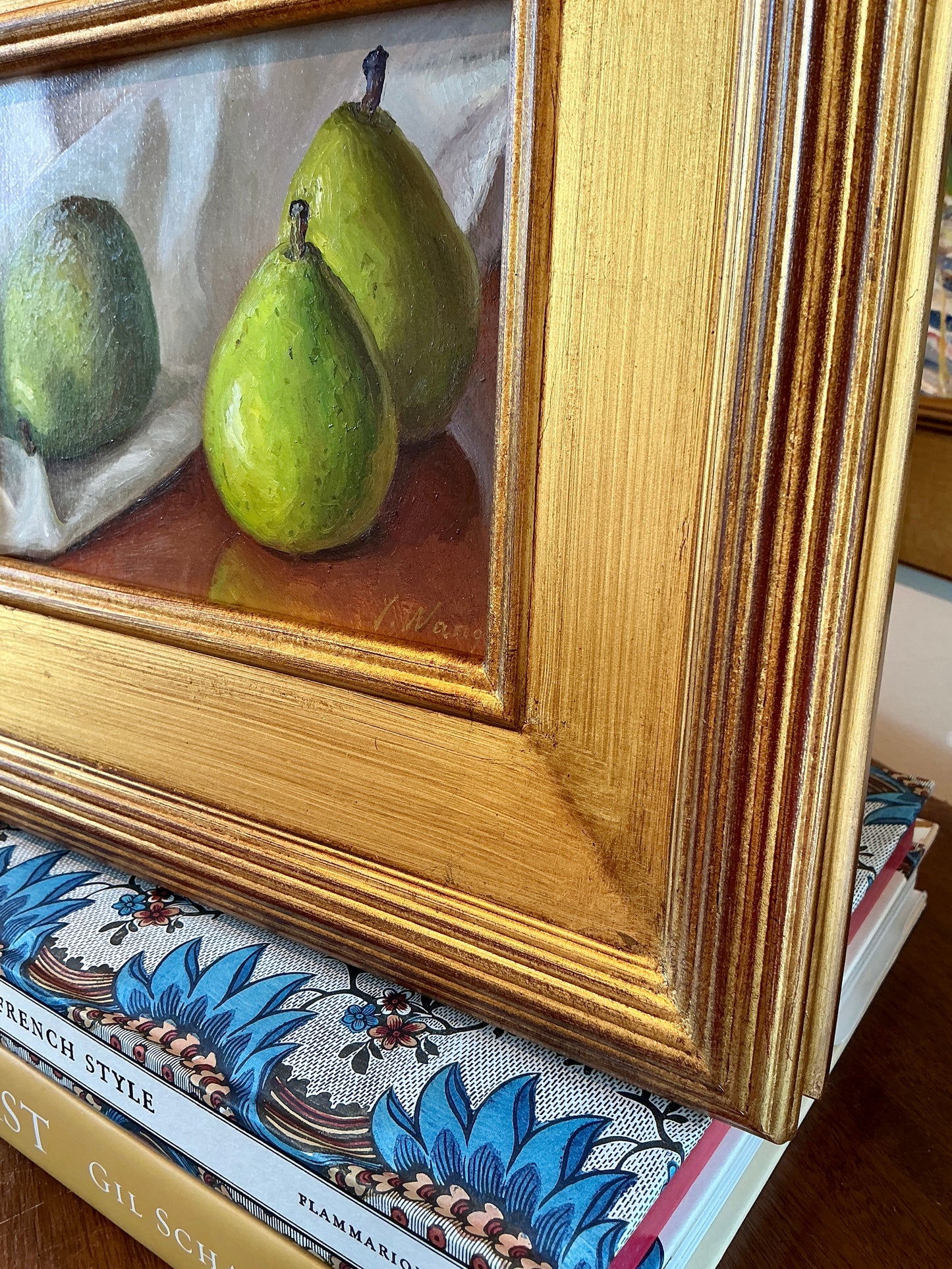 Youqing Wang Pear Trio Still Life Oil Painting in Gold Frame