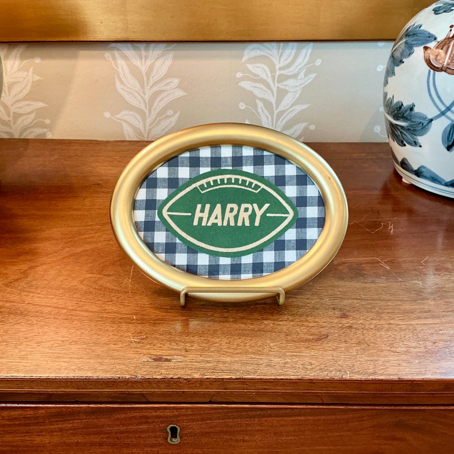 Vintage Varsity Jacket "Harry" Football Name Patch on Navy Gingham in Oval Gold Frame