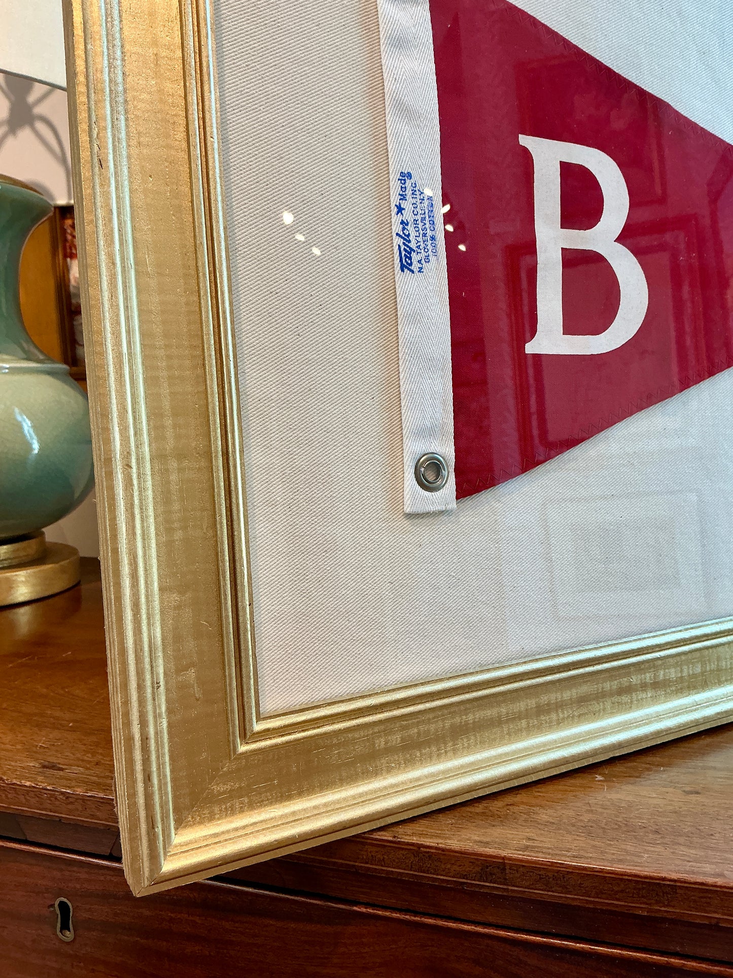 Vintage Red Canvas "B" Burgee Nautical Flag on Ivory Duck Cloth in Gold Frame