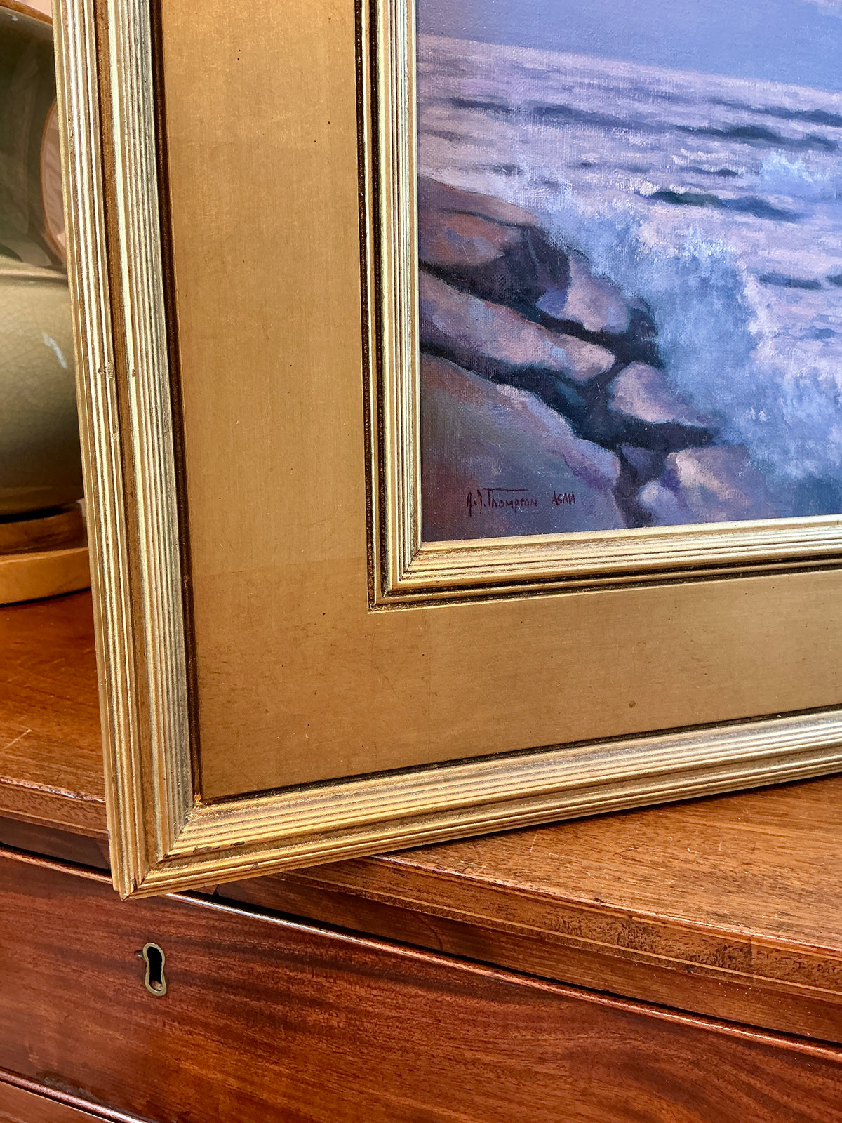 Anthony R. Thompson Moonlit Surf Monhegan Island Maine Seascape Oil Painting in Gold Frame