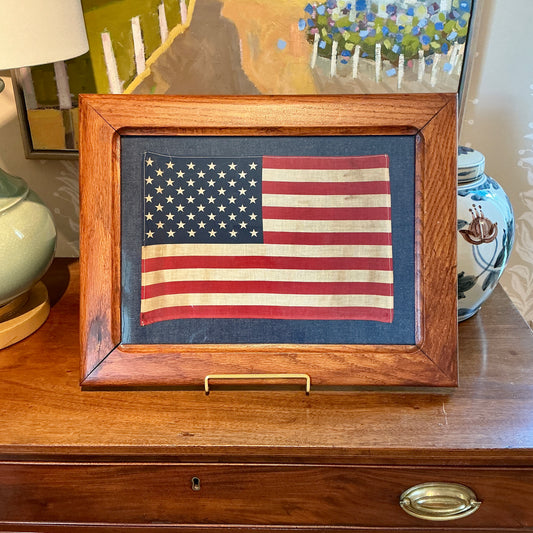 Vintage 50 Star American Flag on Dark Chambray in Antique Oak Frame
