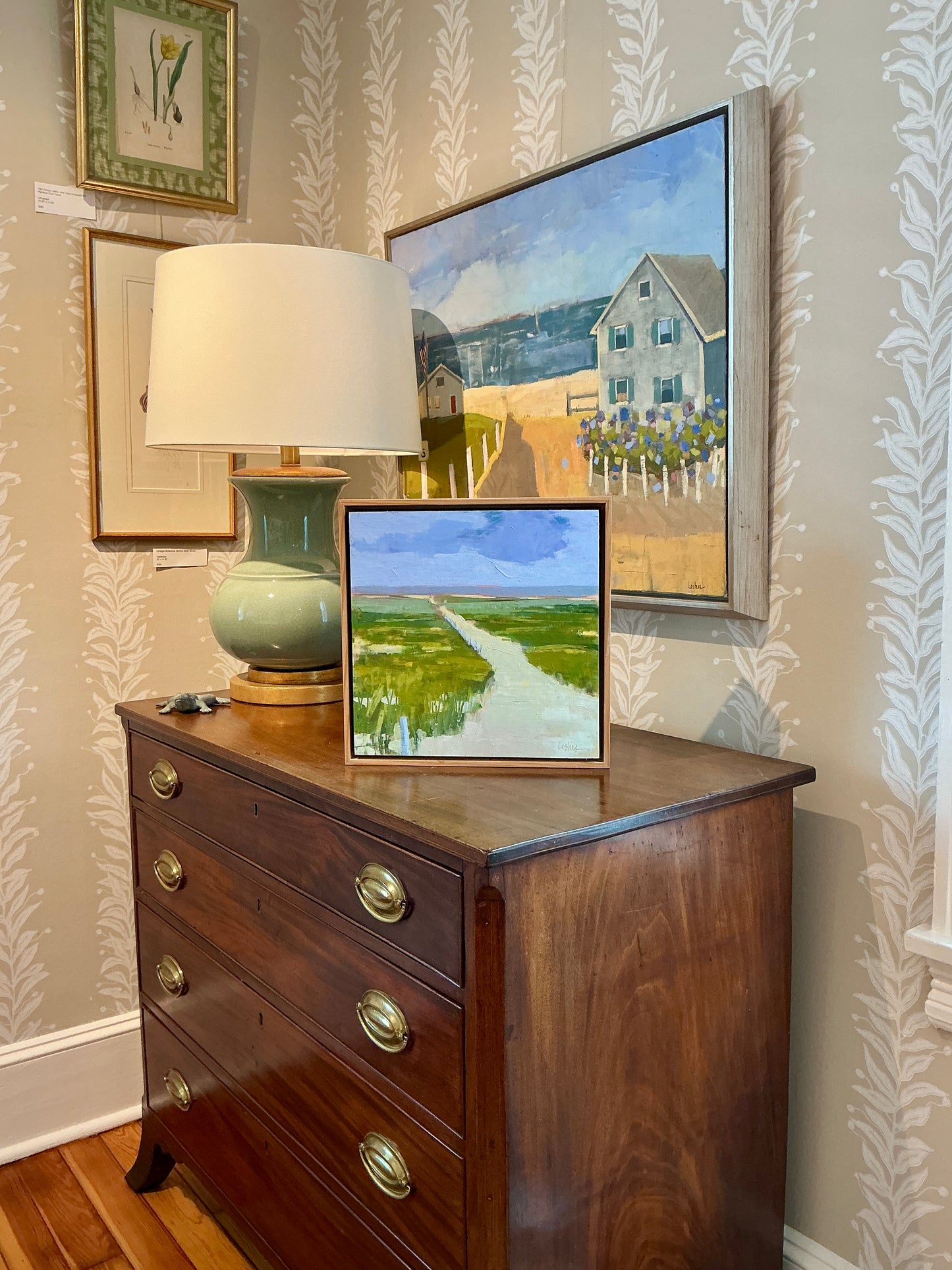 Carol Lesher Into The Wind Coastal Landscape Oil Painting in Natural Wood Frame