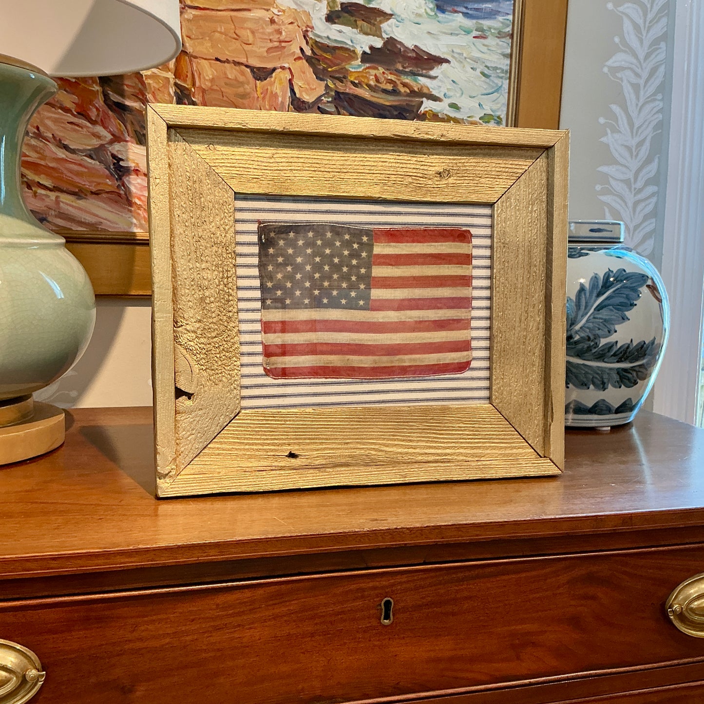 Vintage 50 Star American Flag on White and Blue Stripes in Gold Wood Frame