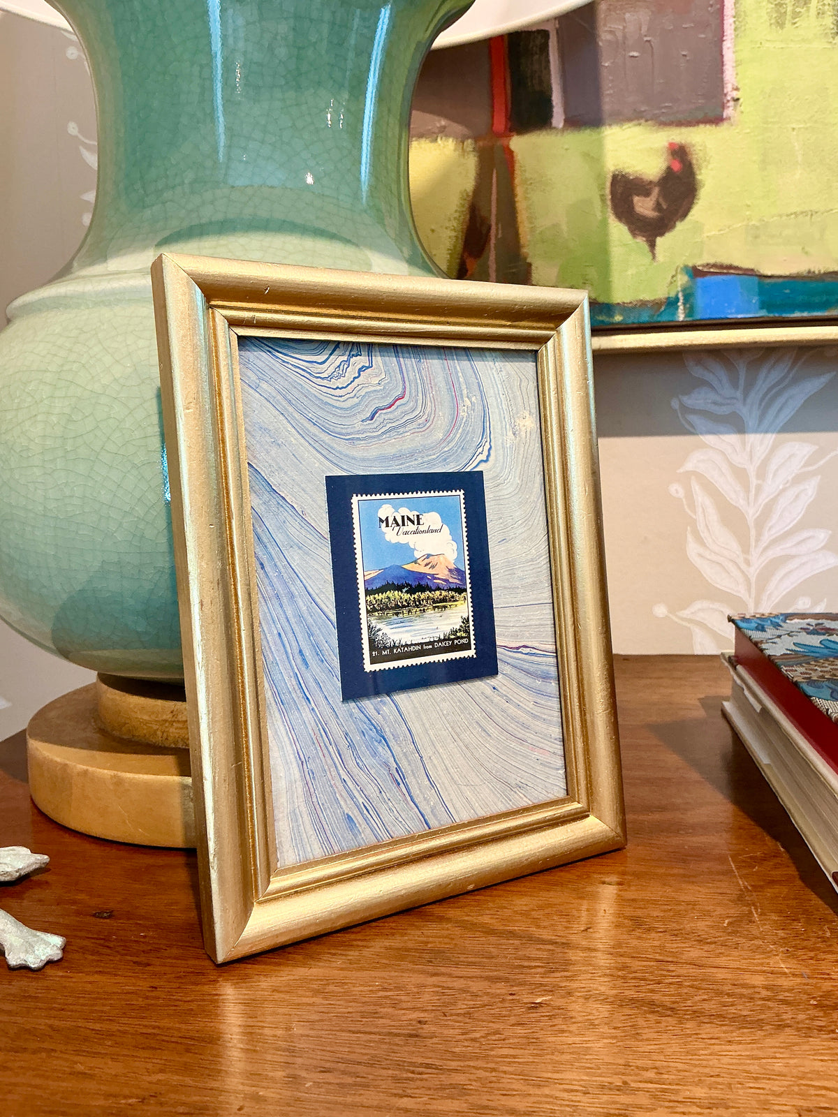 Set of Four 1940 Maine "Vacationland" Stamps on Blue Marbled Mounting in Gold Frames - Set A