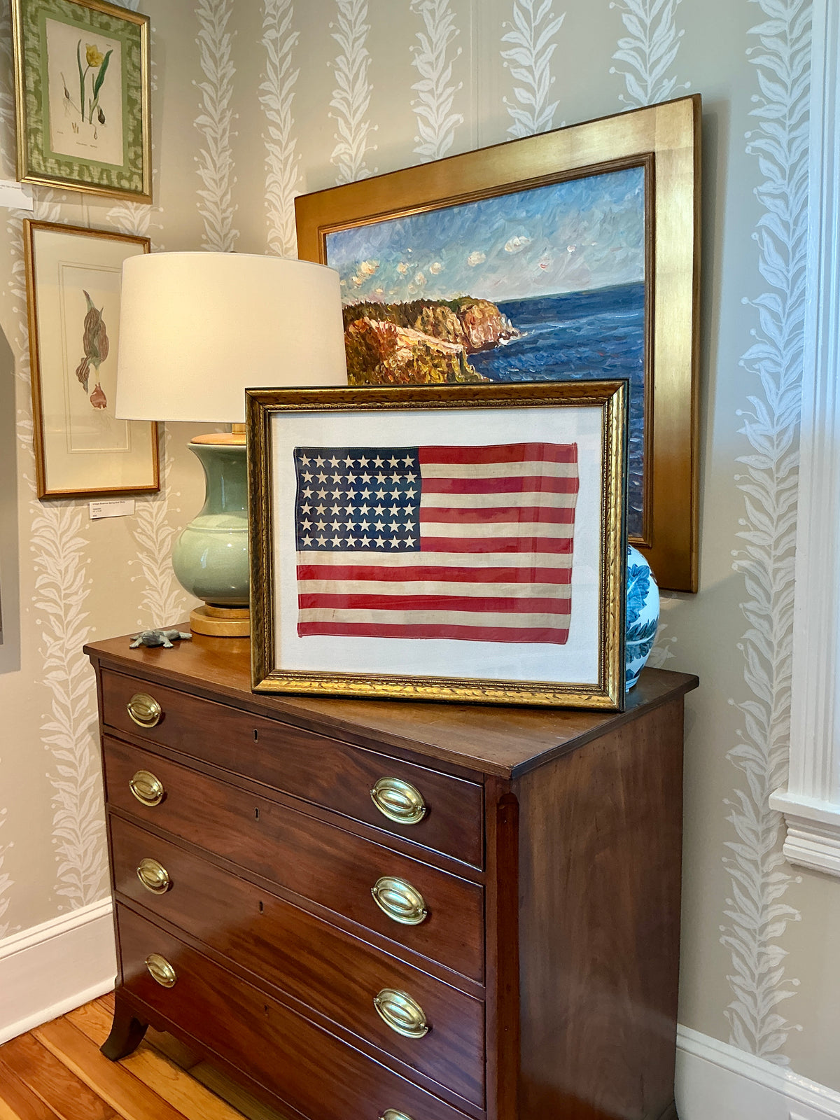 Vintage 48 Star American Flag on Ivory Duck Cloth in Antique Gold Wood Frame