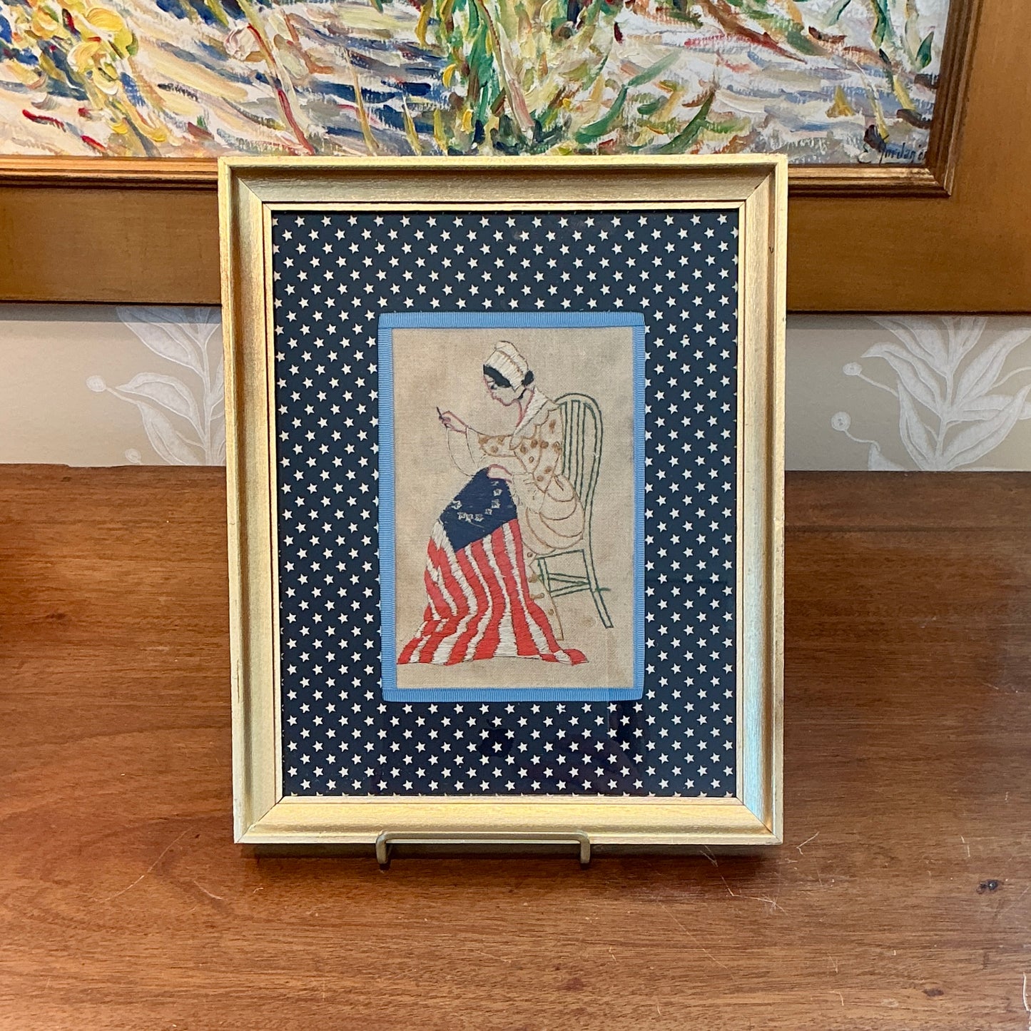 Vintage Betsy Ross Embroidery in Navy and White Stars in Gold Frame
