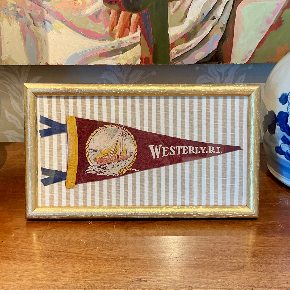 Vintage Westerly Rhode Island Pennant on Taupe Stripes in Gold Frame