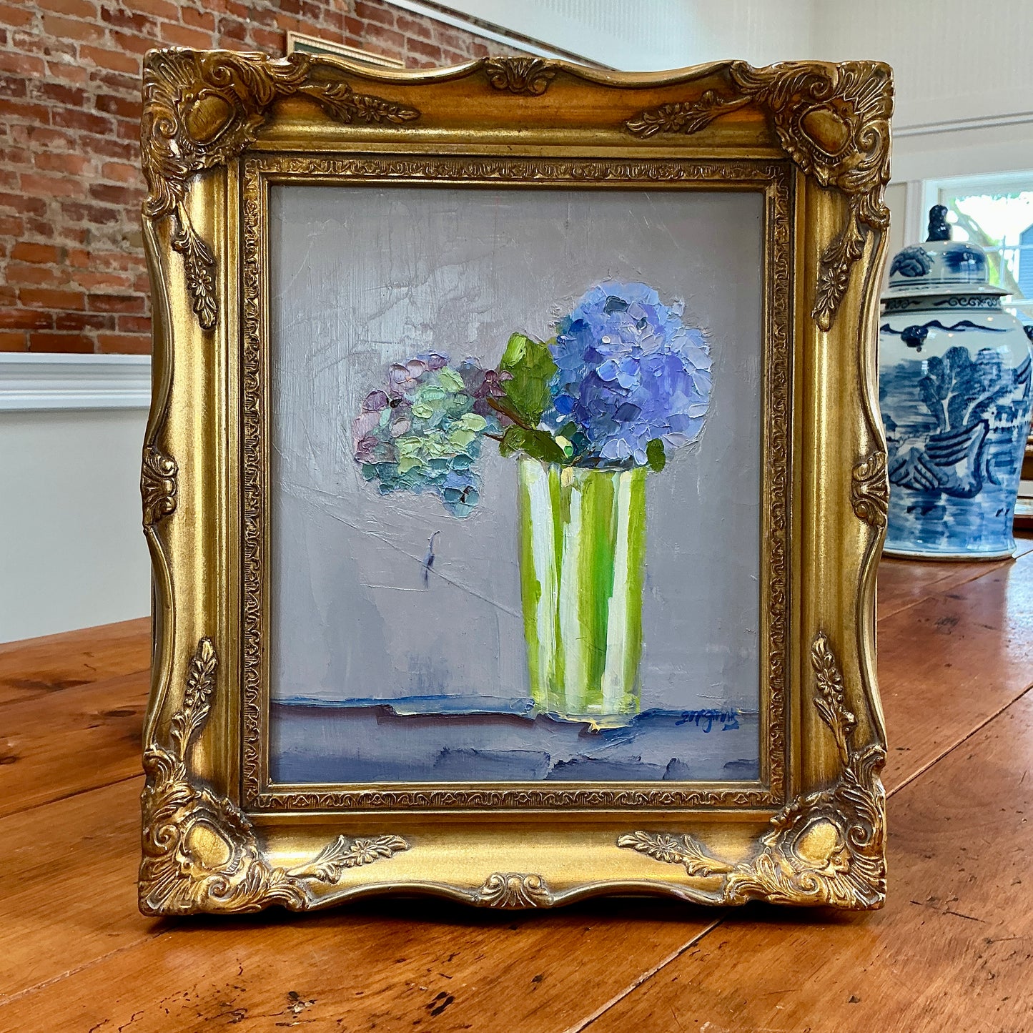 Gretchen McGinnis The Atlantic Ocean's Hydrangeas Still Life Oil Painting in Gold Frame