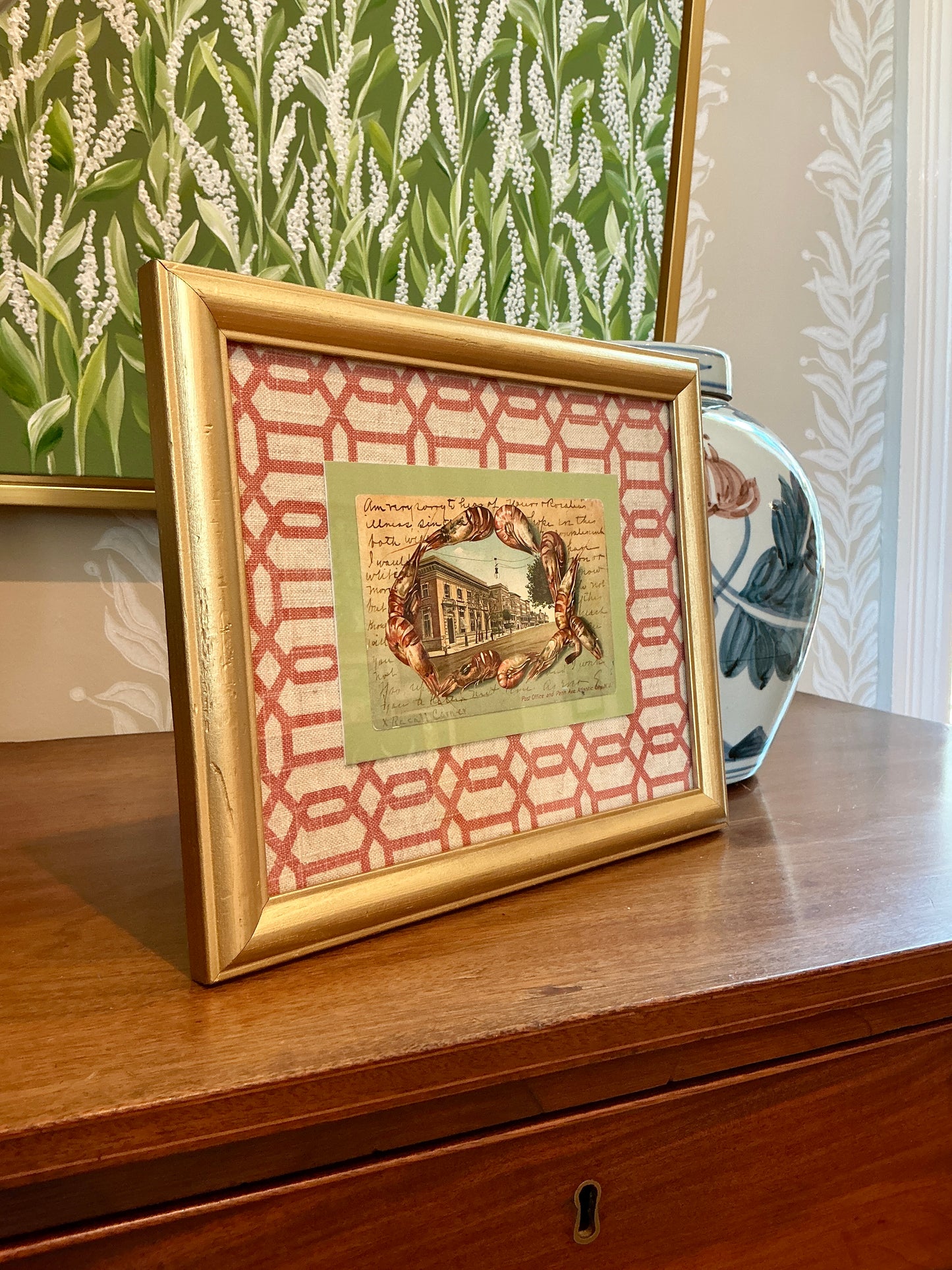 Vintage Atlantic City Postcard on Rose and Cream Twill in Gold Frame