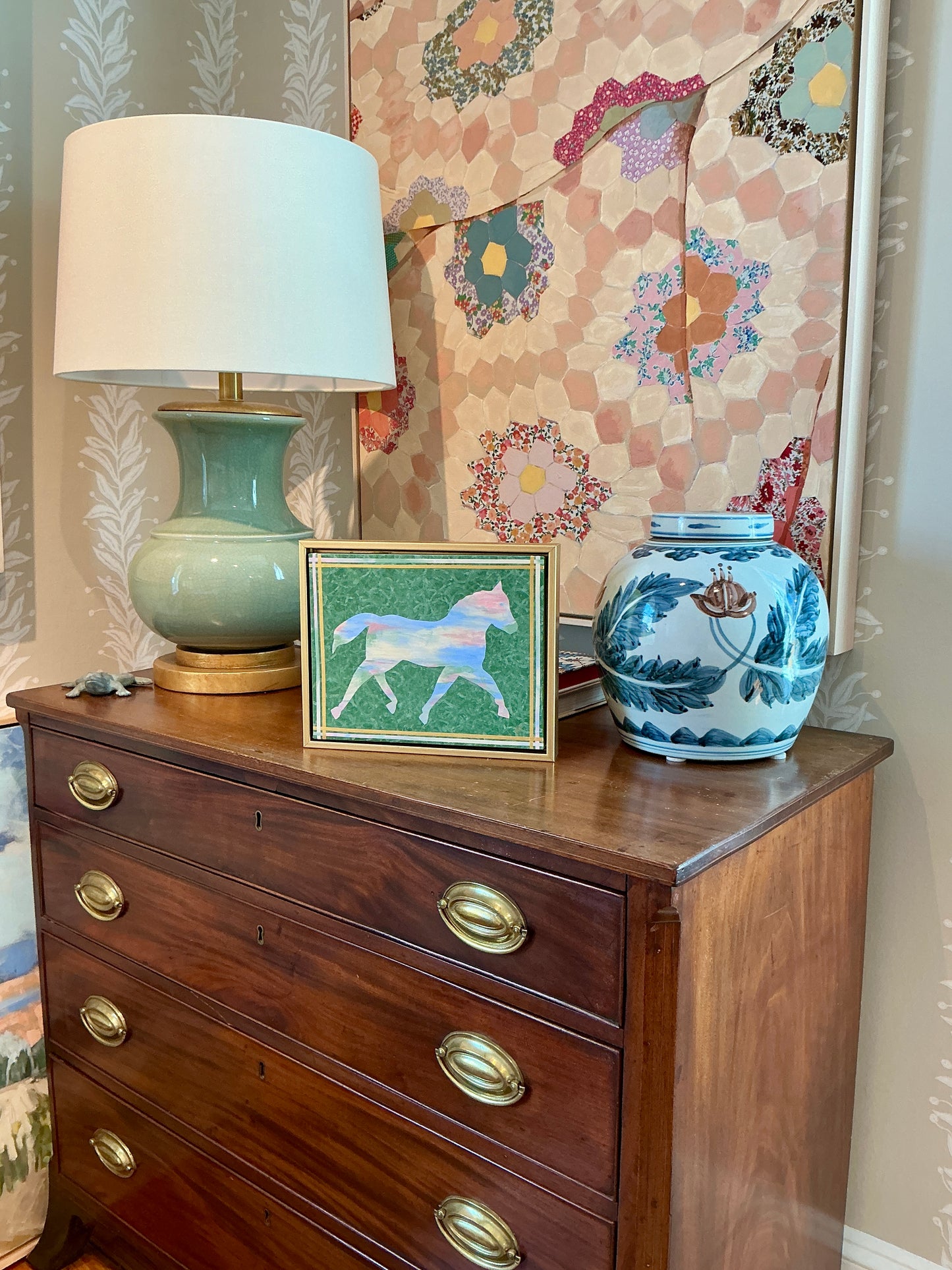 Heather Carey Field Day Horse Portrait Mixed Media in Gold Floater Frame