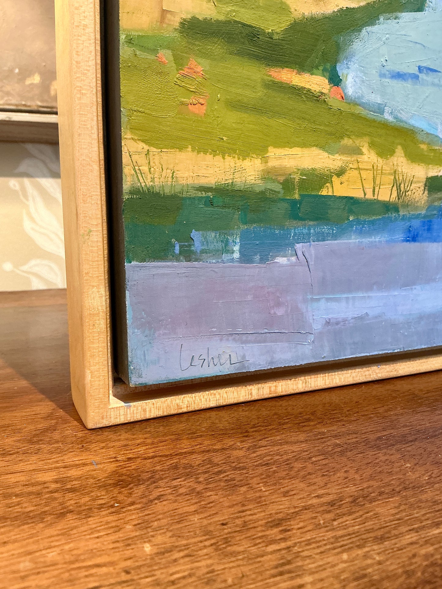 Carol Lesher By The Sea Coastal Landscape Oil Painting in Natural Wood Frame