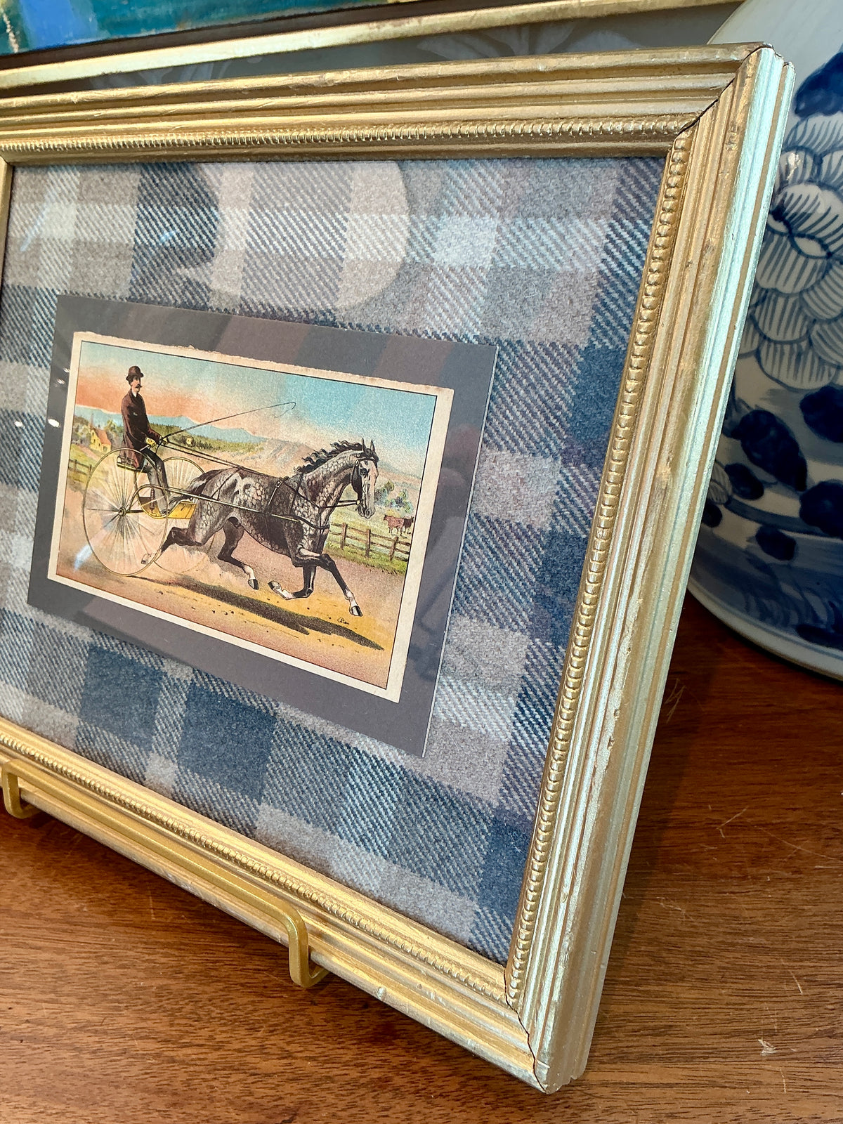 Late 19th Century Horse Harness Racing Trading Card on Vintage Wool Plaid in Gold Frame