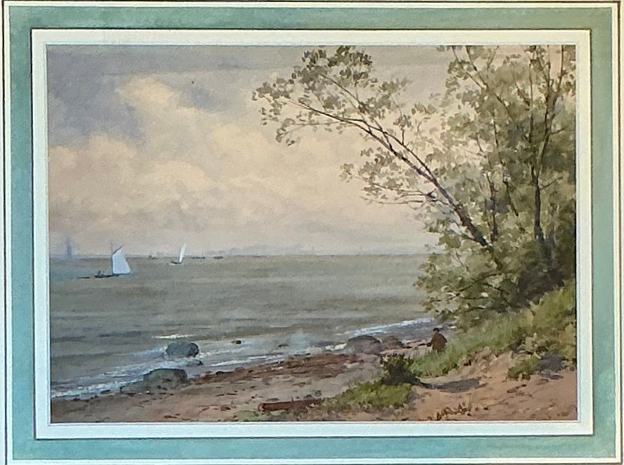 19th Century Watercolor Sailboats in Seascape Coastal Landscape in Gold Frame