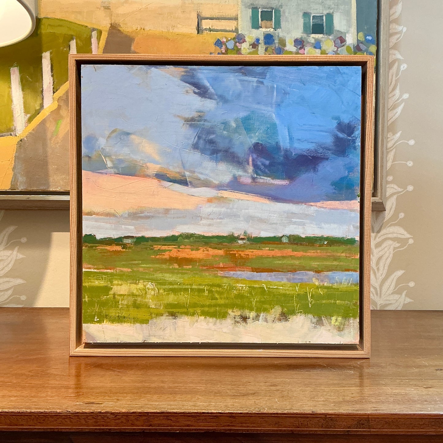 Carol Lesher After Supper Coastal Landscape Oil Painting in Natural Wood Frame
