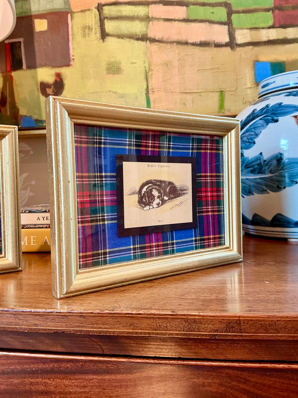 Set of 3 1930s Tobacco Cards With Dogs on Plaid in Gold Frame
