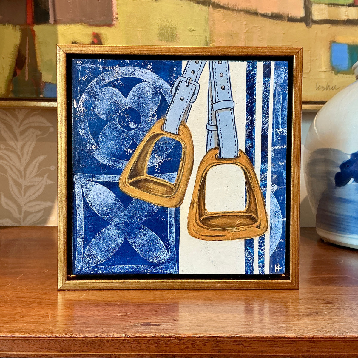 Heather Carey Stable Heirloom Horse Stirrups Still Life Mixed Media in Gold Frame