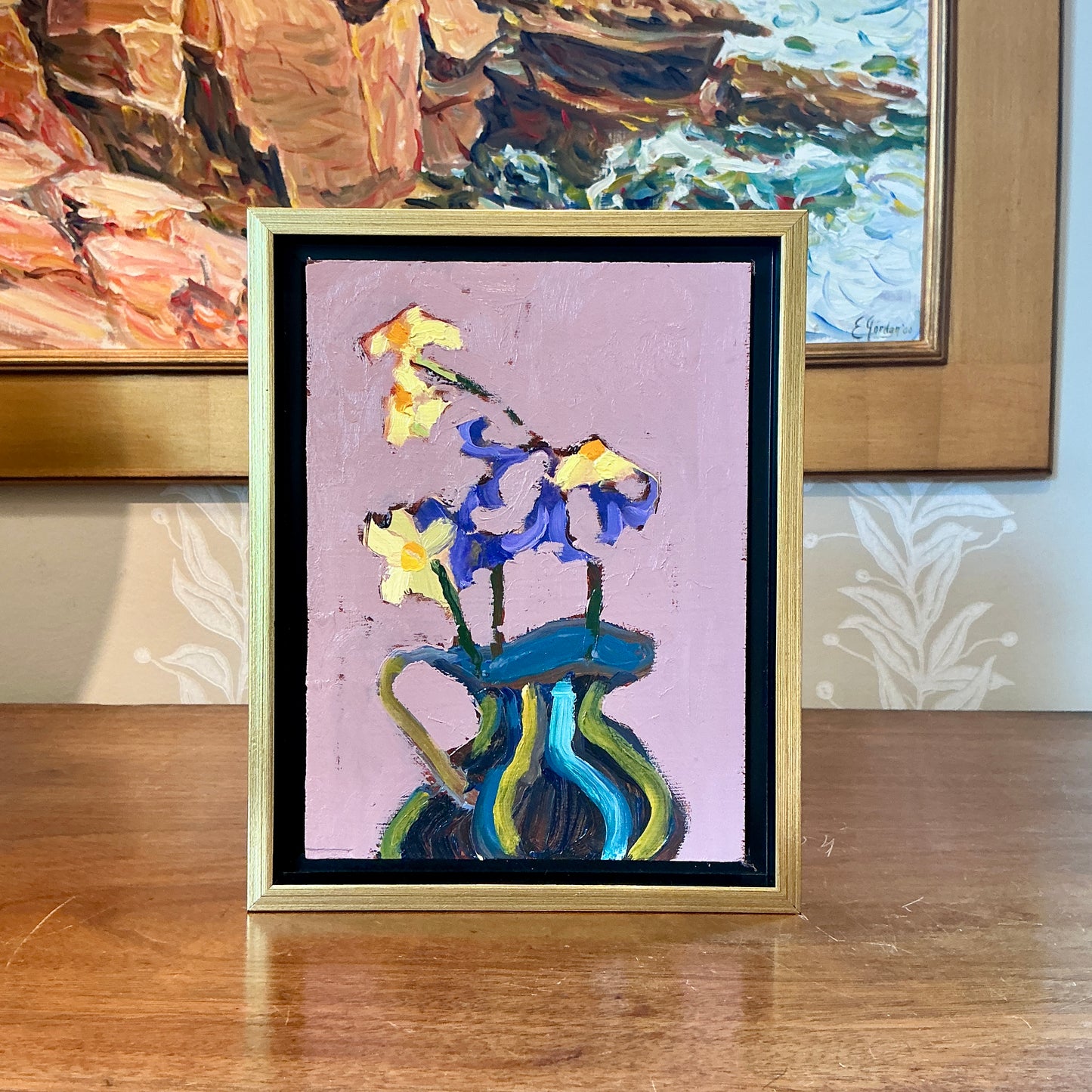Gretchen McGinnis Creamer With Mini Daffodils And Violets I Still Life Oil Painting in Gold Floater Frame