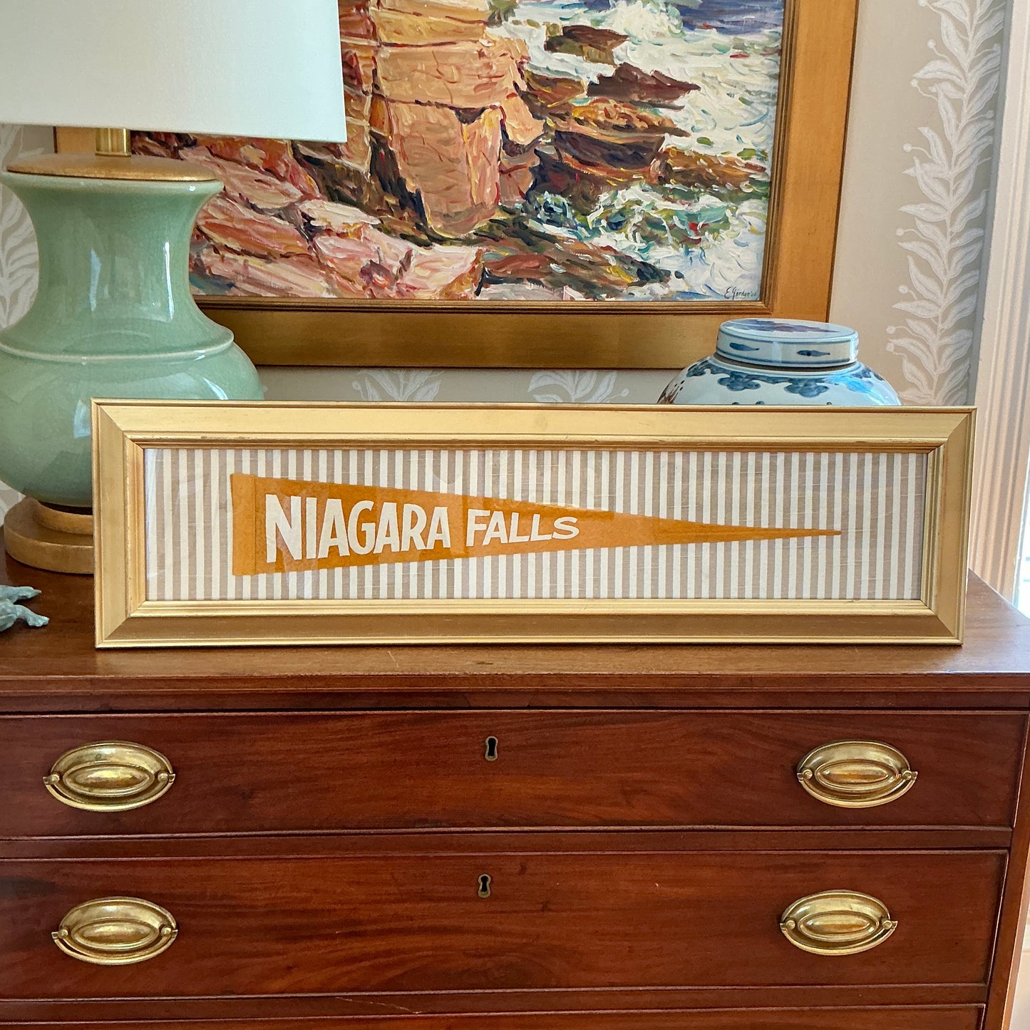 Vintage Niagara Falls Pennant on Taupe Stripes in Gold Frame