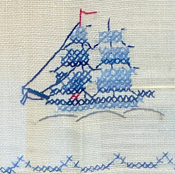 Vintage Sailboat Linen Embroidery in Wood Frame