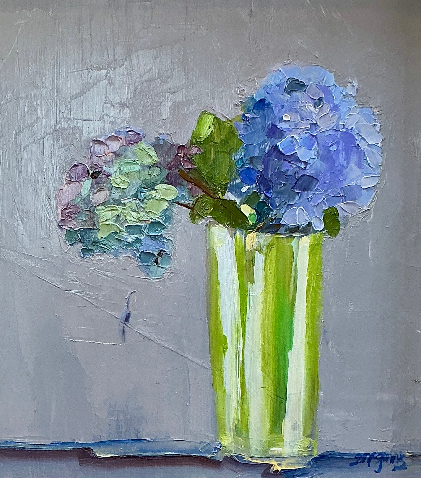 Gretchen McGinnis The Atlantic Ocean's Hydrangeas Still Life Oil Painting in Gold Frame