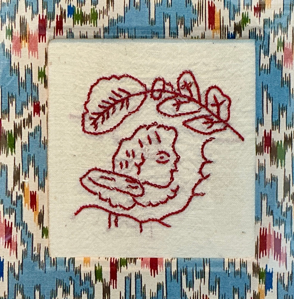 Antique Redwork Butterfly Embroidery in Vintage Cowtan Tout Fabric Wrapped Mat in Gold Frame