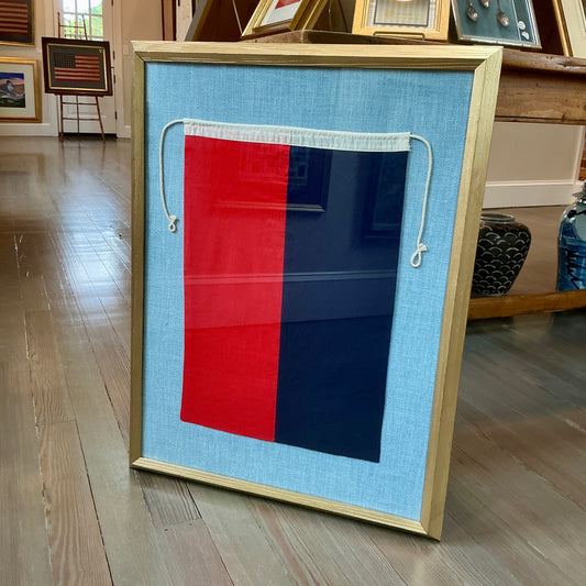Vintage Cotton Canvas Nautical Signal Flag for "E" on Light Blue Twill in Gold Frame
