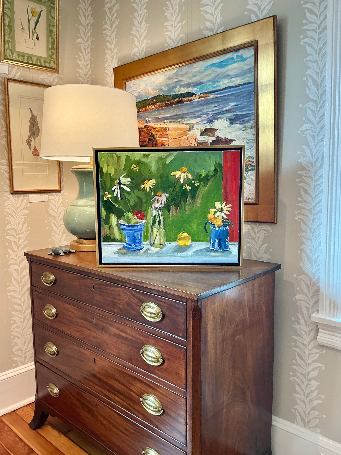 Gretchen McGinnis On The Window Sill Oil Painting in Gold Floater Frame