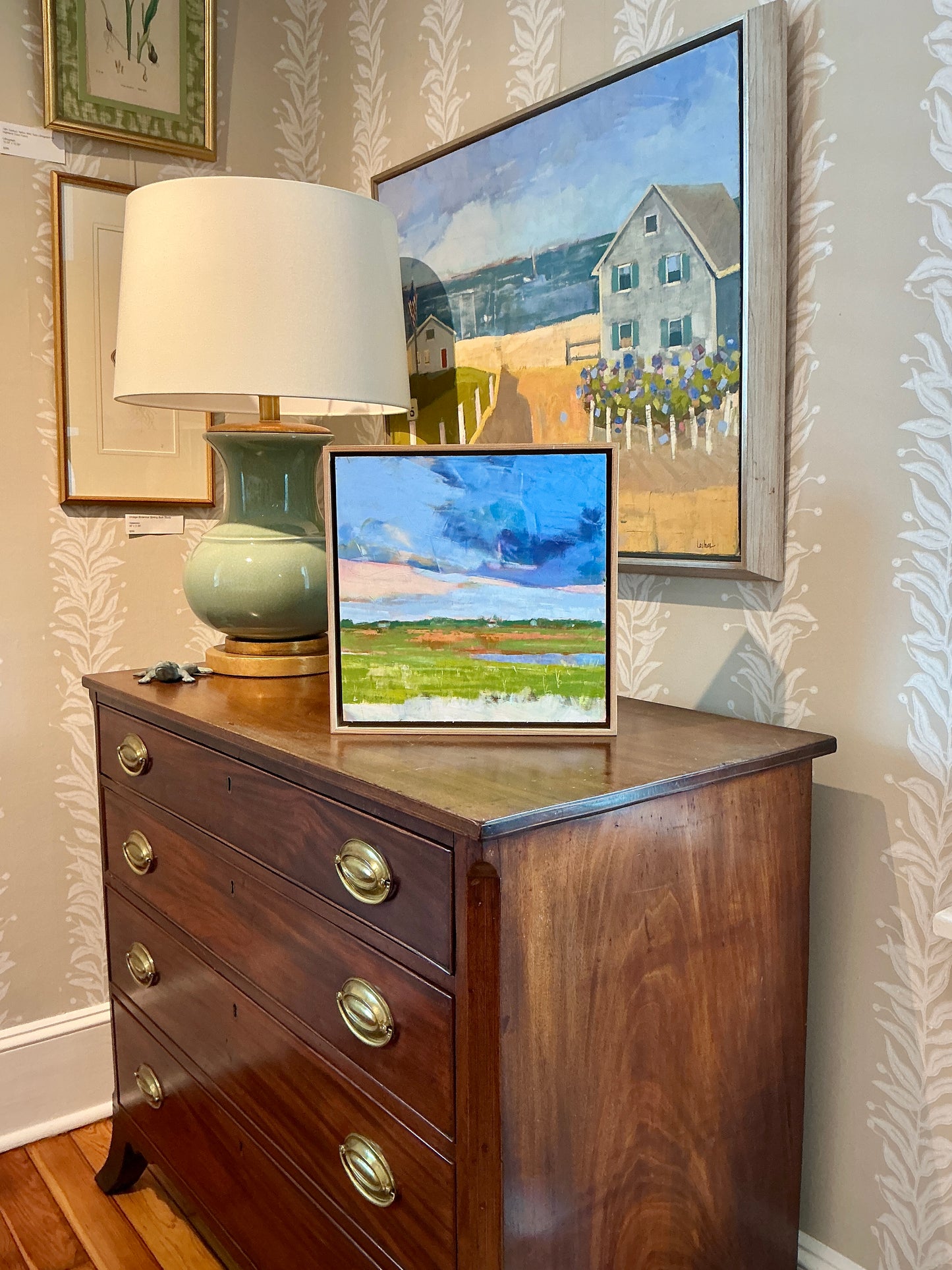 Carol Lesher After Supper Coastal Landscape Oil Painting in Natural Wood Frame