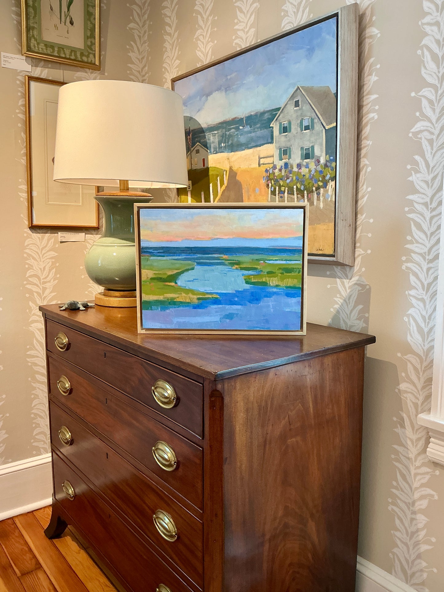 Carol Lesher By The Sea Coastal Landscape Oil Painting in Natural Wood Frame